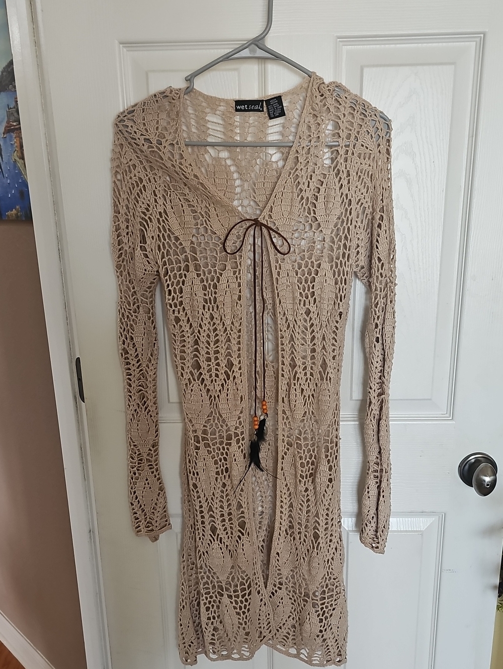 Wet Seal Taupe Crochet Knit Tie-Front Cover-Up